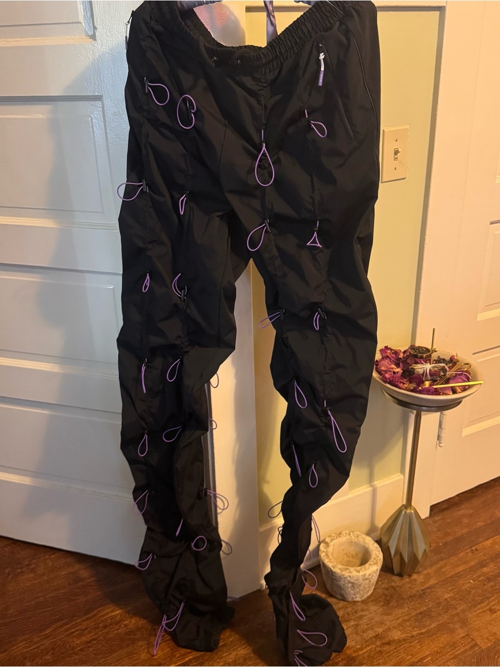 Men's Black gobchang pants with Purple Loop Accents